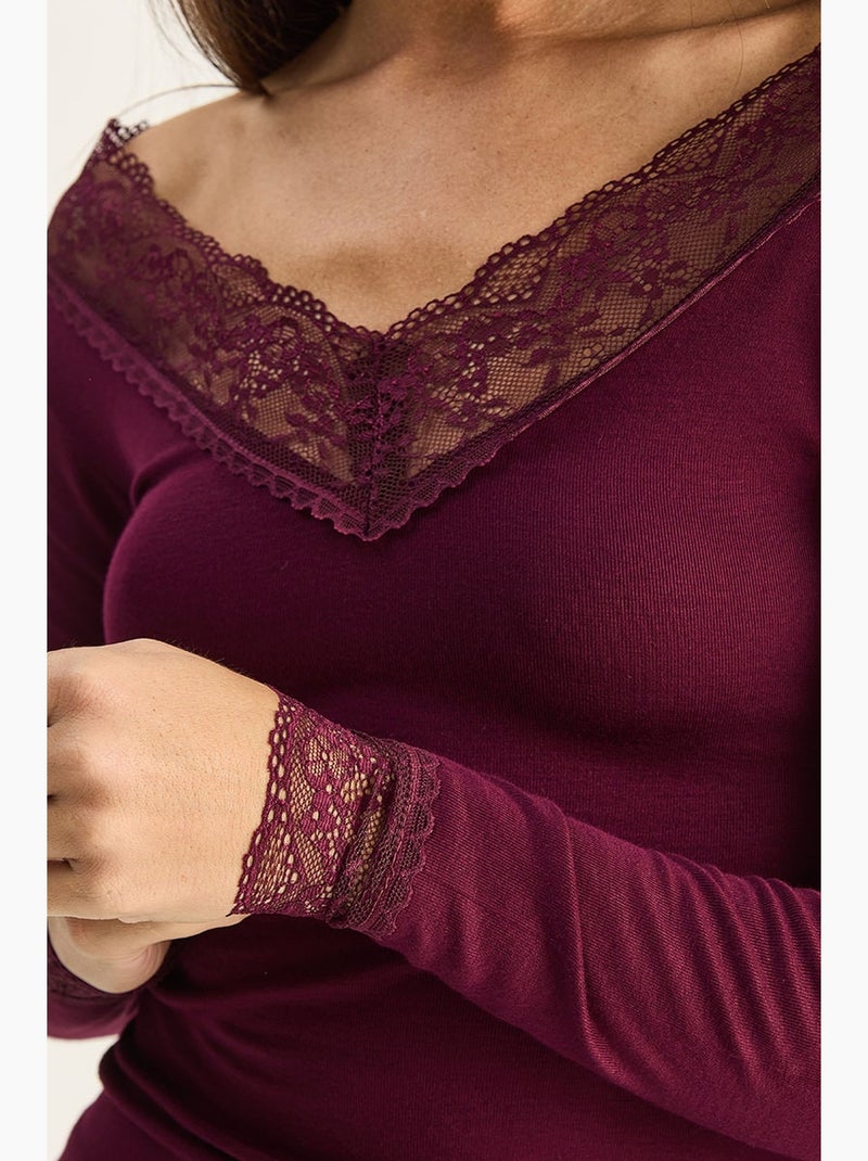 Camiseta manga larga escote pico encaje lucci Rojo burdeos - Kiabi