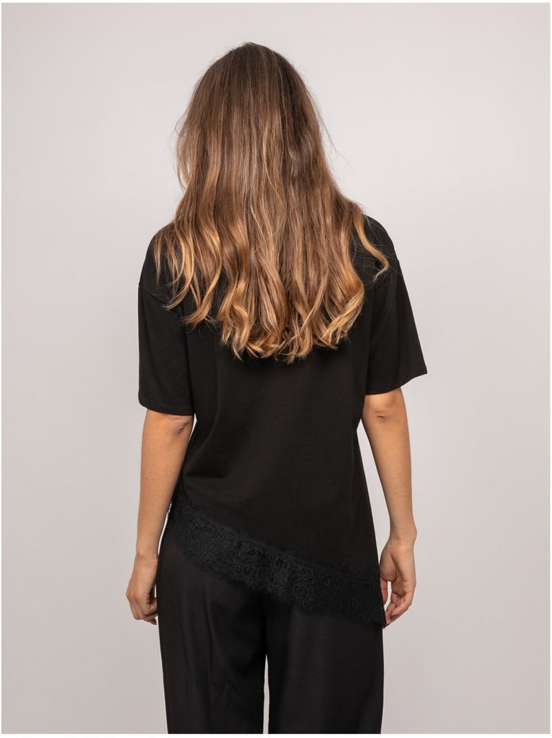 Camiseta oversize asimétrica con ribete de encaje forinel Negro - Kiabi
