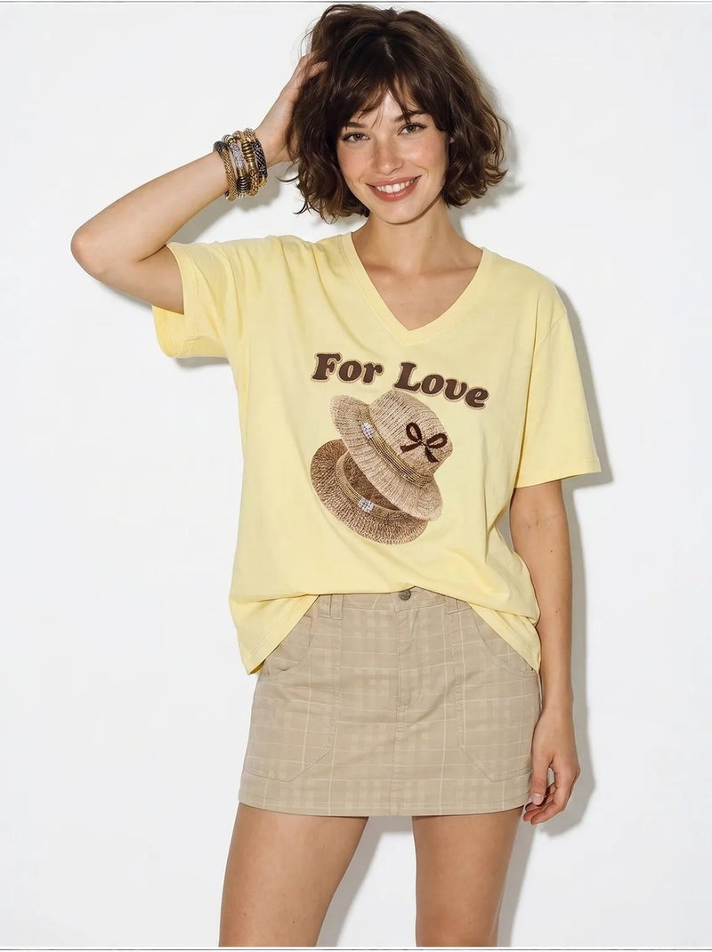 Camiseta oversize con cuello de pico y estampado lucci Amarillo limón - Kiabi