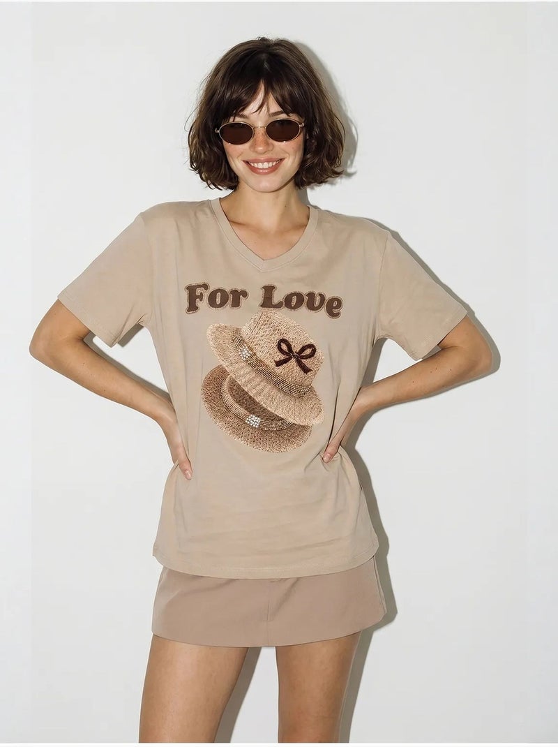 Camiseta oversize con cuello de pico y estampado lucci Beige arcilla - Kiabi