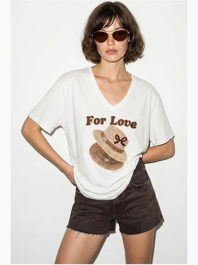 Camiseta oversize con cuello de pico y estampado lucci Blanco - Kiabi