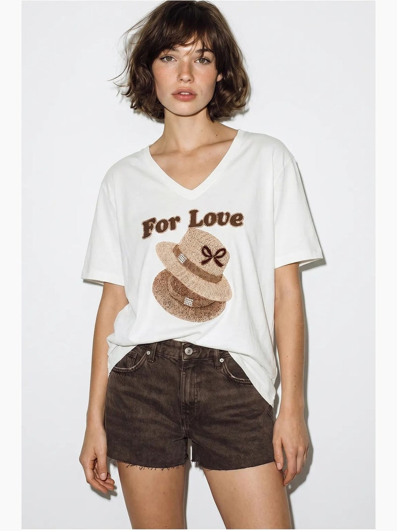Camiseta oversize con cuello de pico y estampado lucci Blanco - Kiabi