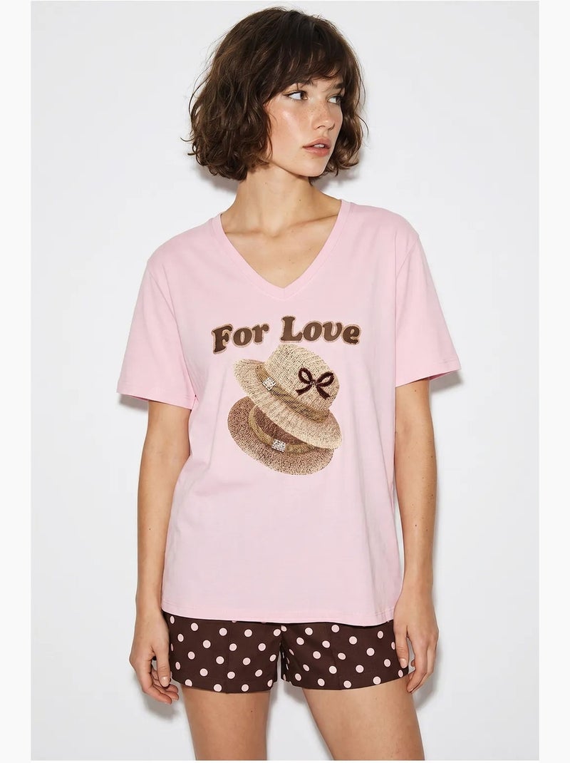 Camiseta oversize con cuello de pico y estampado lucci Rosa claro - Kiabi