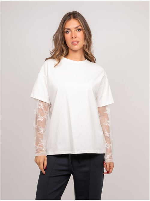 Camiseta oversize con mangas de encaje falea - Kiabi Camiseta oversize con mangas de encaje falea - Kiabi