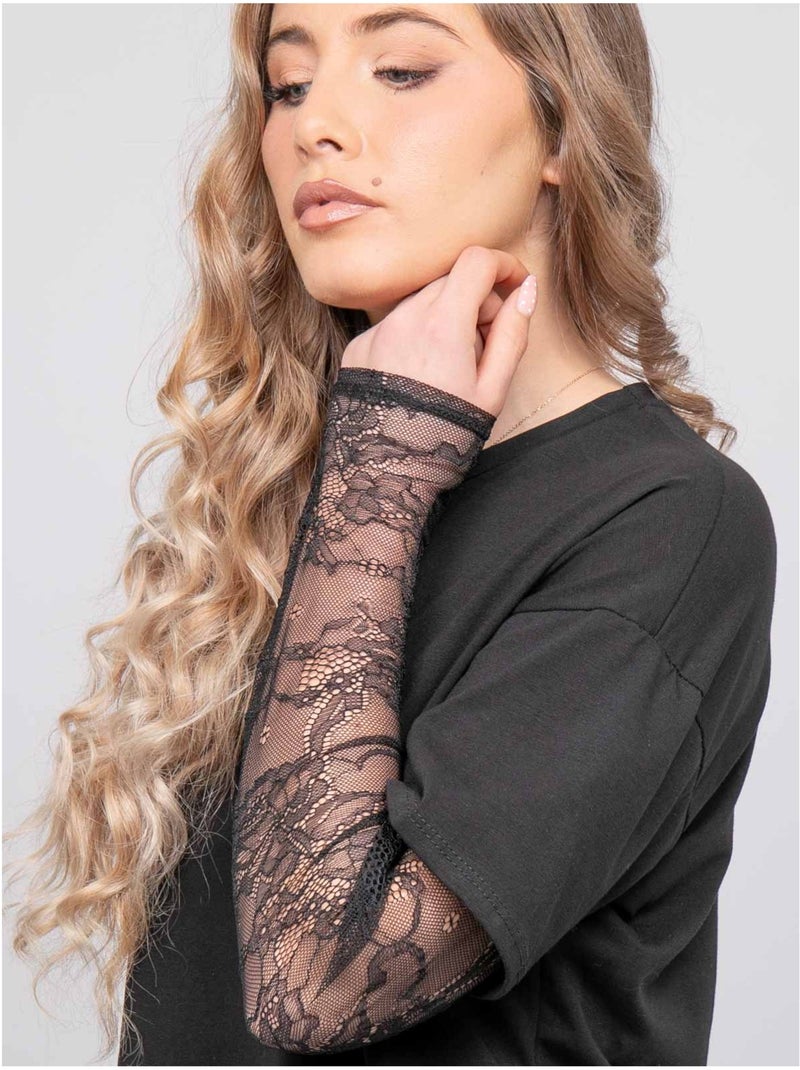 Camiseta oversize con mangas de encaje falea Negro - Kiabi