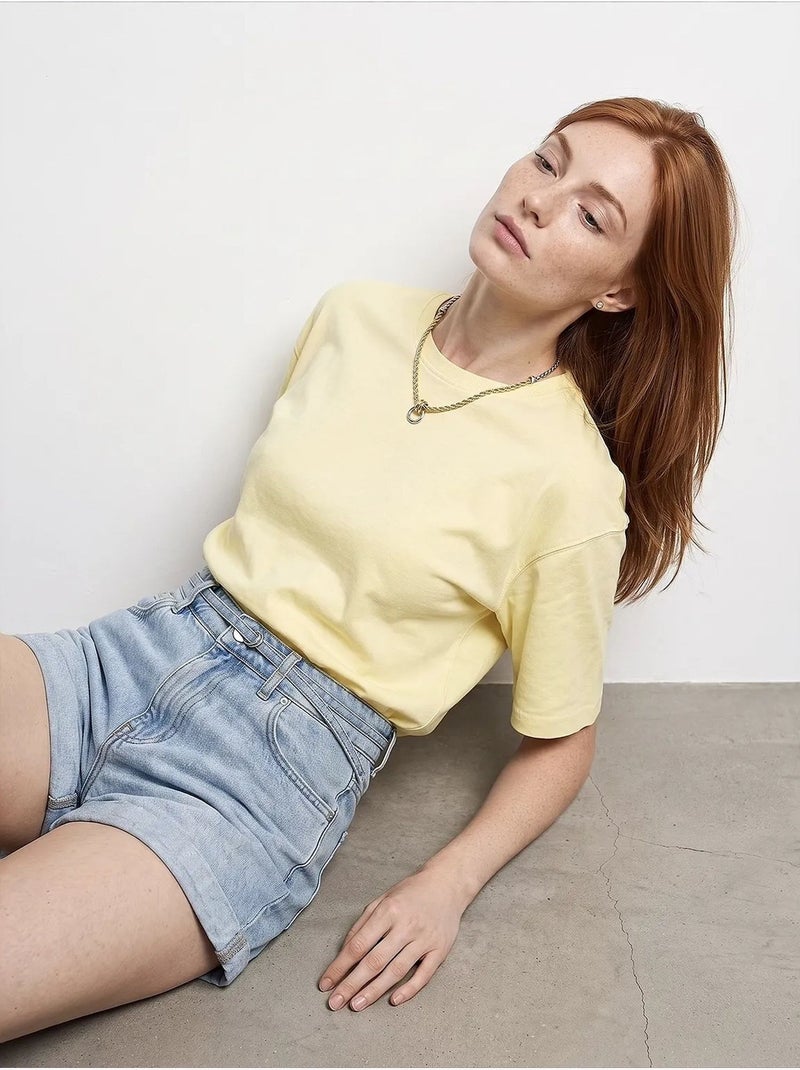 Camiseta oversize de algodón con cuello redondo dilvin Amarillo limón - Kiabi