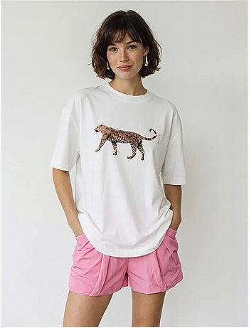 Camiseta oversize de algodón con estampado de leopardo lucci