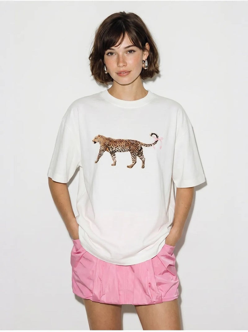 Camiseta oversize de algodón con estampado de leopardo lucci Blanco - Kiabi