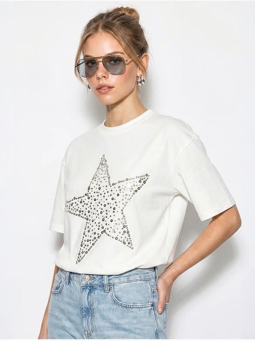 Camiseta oversize de algodón con estrella de lentejuelas lucci - Kiabi Camiseta oversize de algodón con estrella de lentejuelas lucci - Kiabi