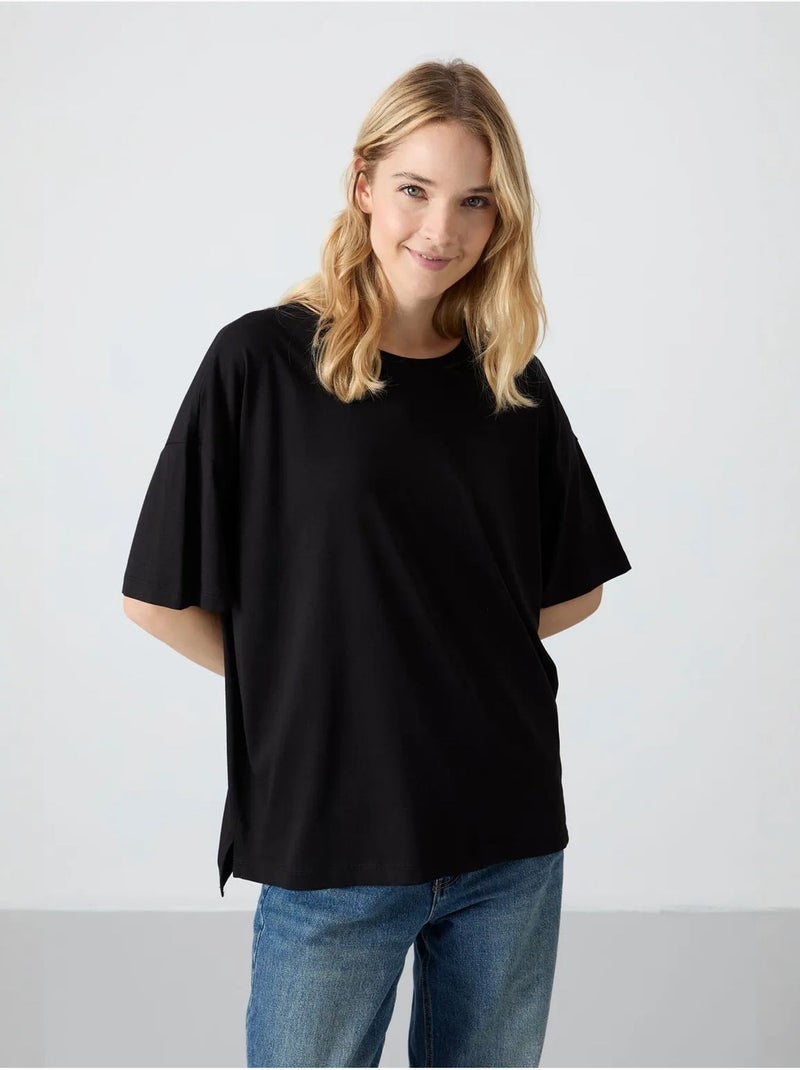Camiseta oversize de algodón-modal con cuello redondo tommy Negro - Kiabi