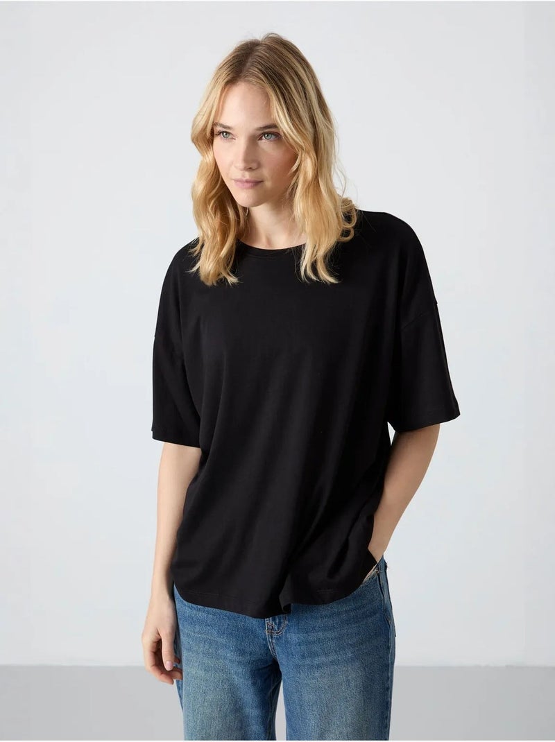 Camiseta oversize de algodón-modal con cuello redondo tommy Negro - Kiabi