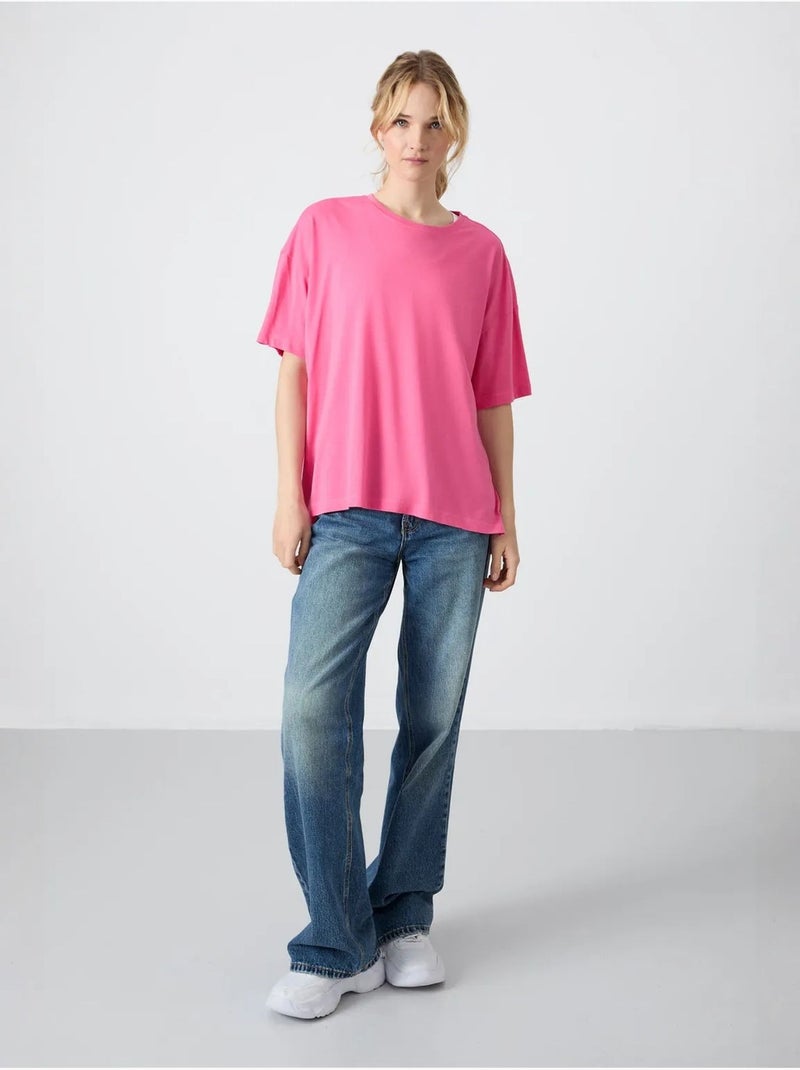 Camiseta oversize de algodón-modal con cuello redondo tommy Rosa fluo/Solinotes - Kiabi