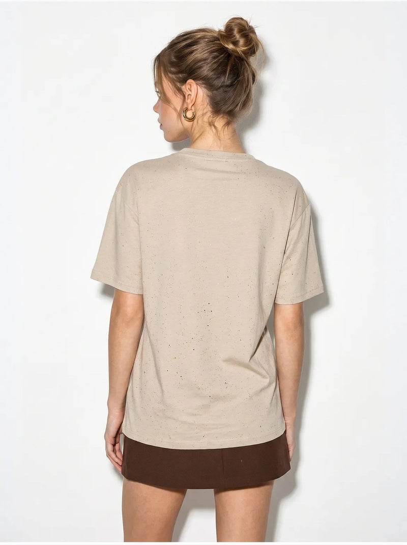 Camiseta oversize de punto jersey de algodón con cuello redondo lucci Beige arcilla - Kiabi