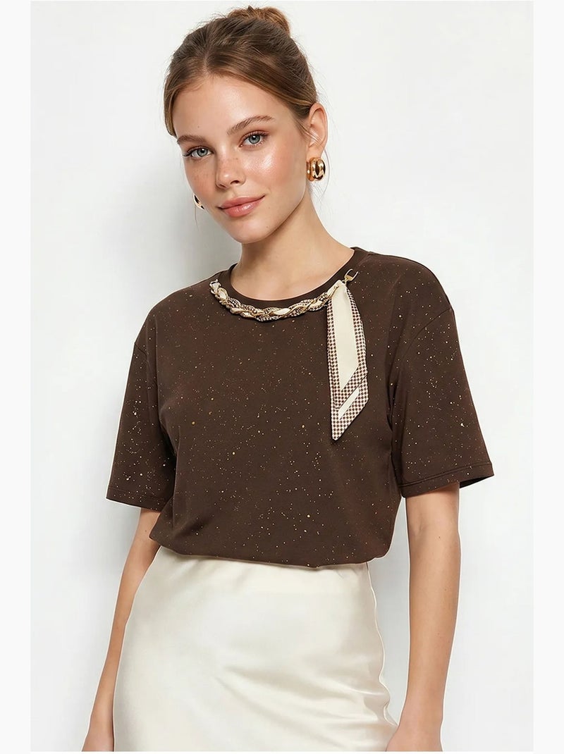 Camiseta oversize de punto jersey de algodón con cuello redondo lucci Marrón - Kiabi