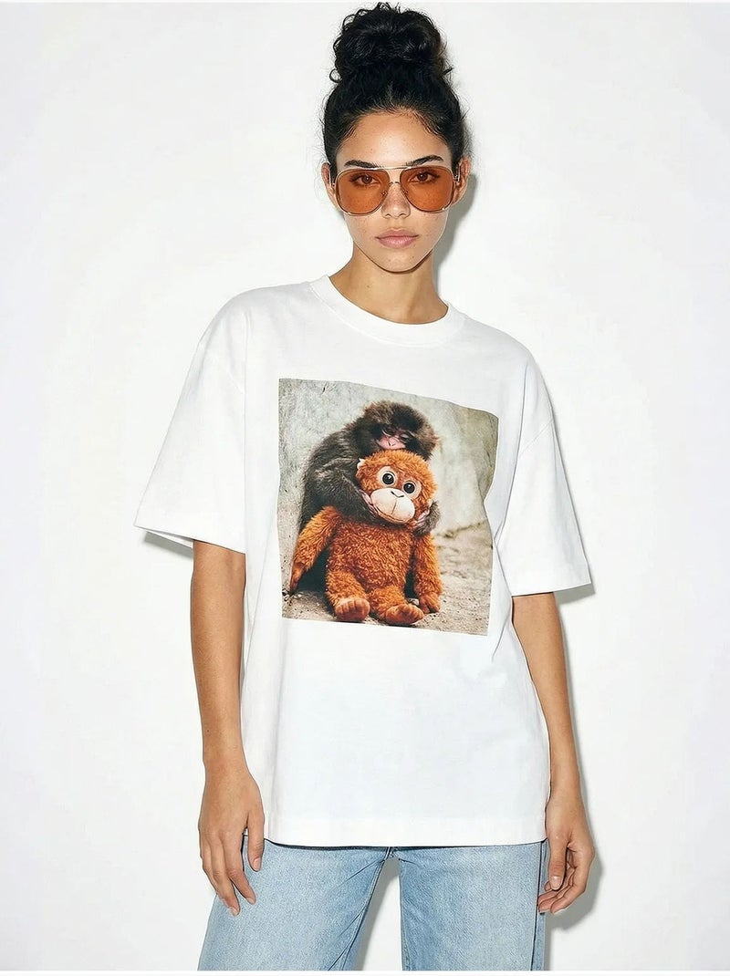 Camiseta oversize estampada de cuello redondo con detalle de accesorio lucci Blanco - Kiabi