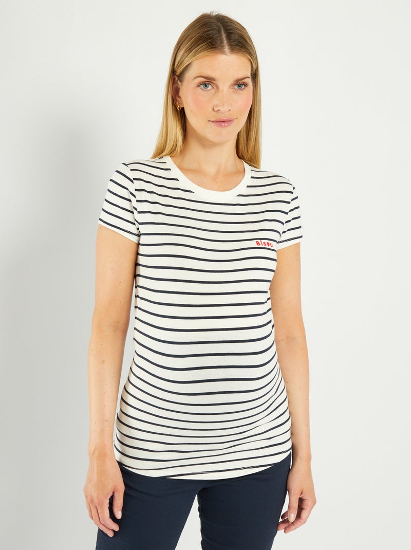 Camiseta premamá de rayas con bordado BLANCO - Kiabi