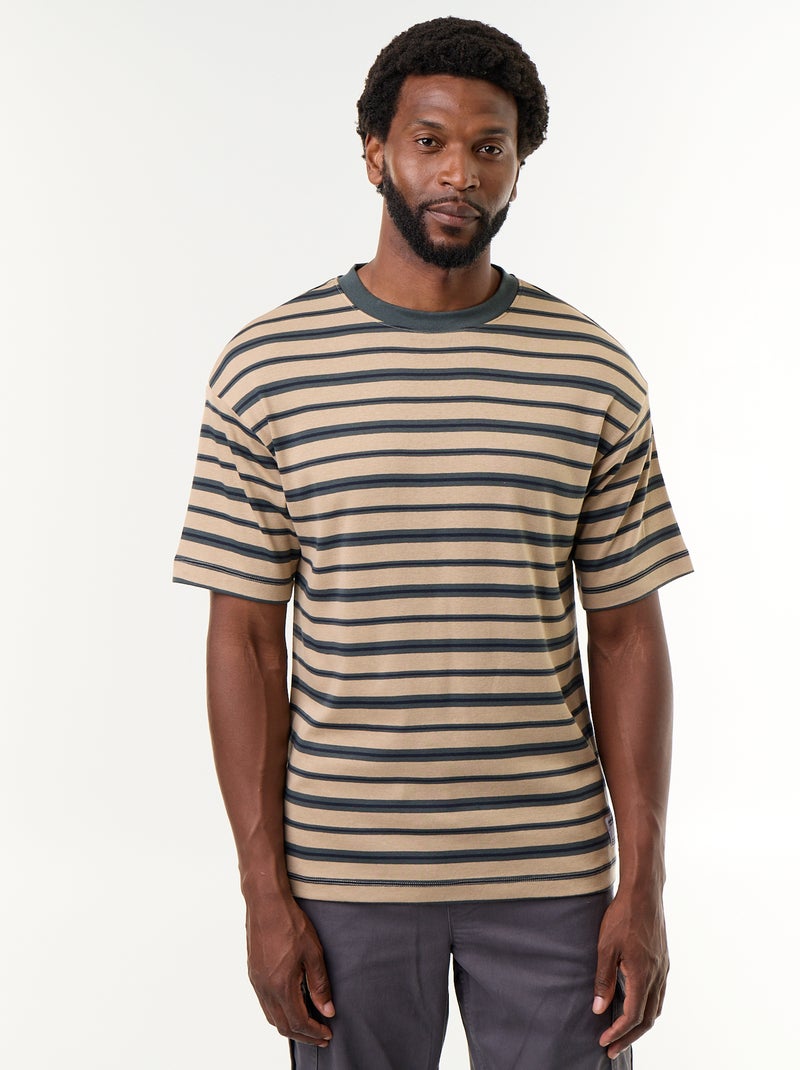 Camiseta rayada de manga corta Beige - Kiabi