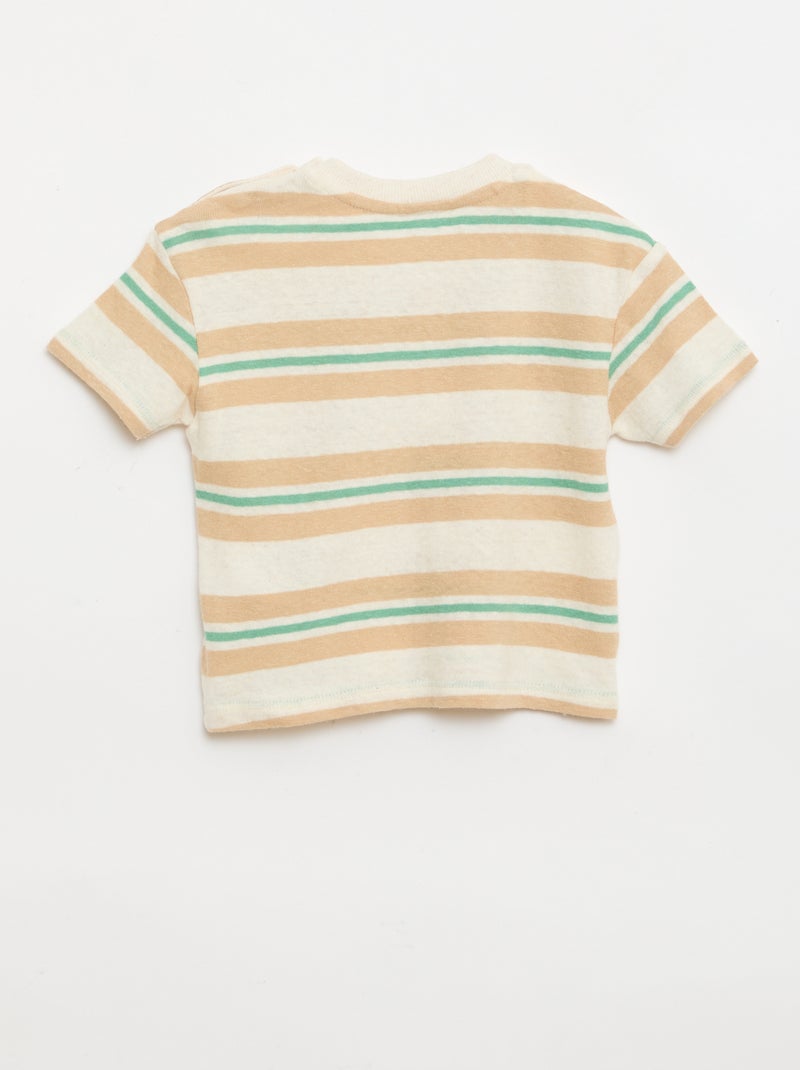Camiseta rayada de punto de algodón y lino Beige - Kiabi