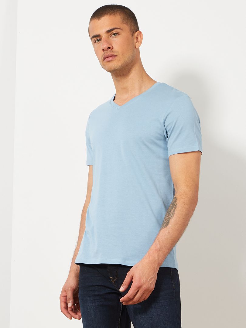 Camiseta regular de algodón con cuello de pico azul denim - Kiabi