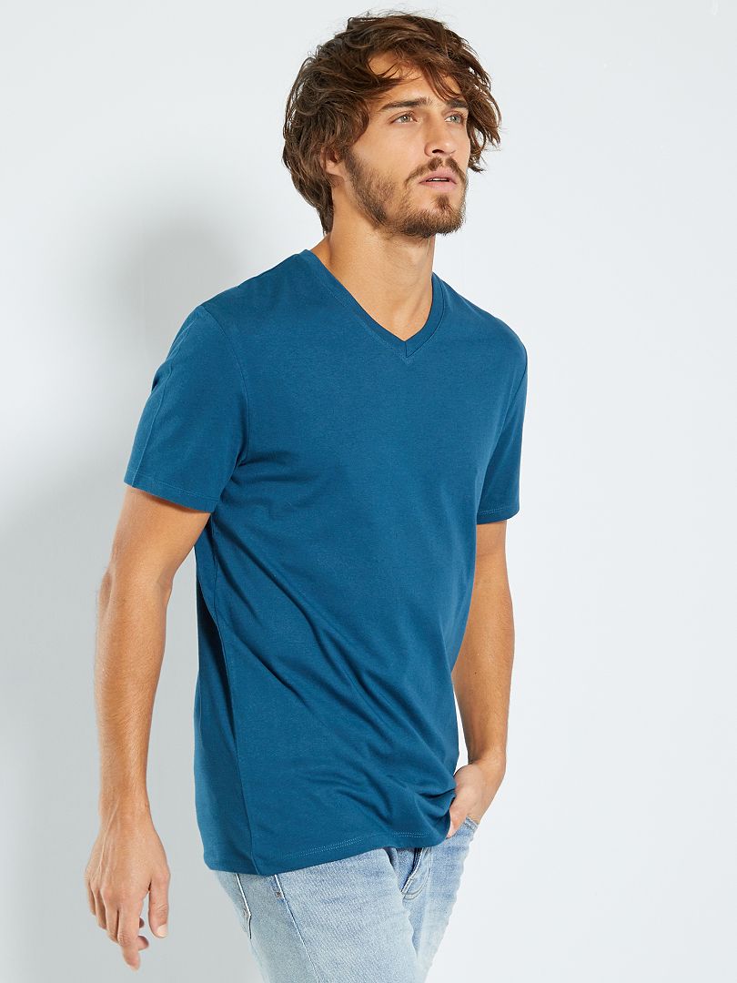 Camiseta regular de algodón con cuello de pico azul noche - Kiabi