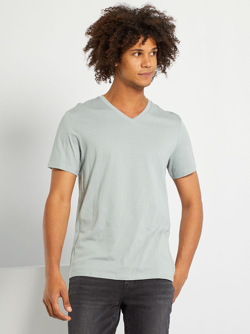Camiseta regular de algodón con cuello de pico azul pizarra - Kiabi