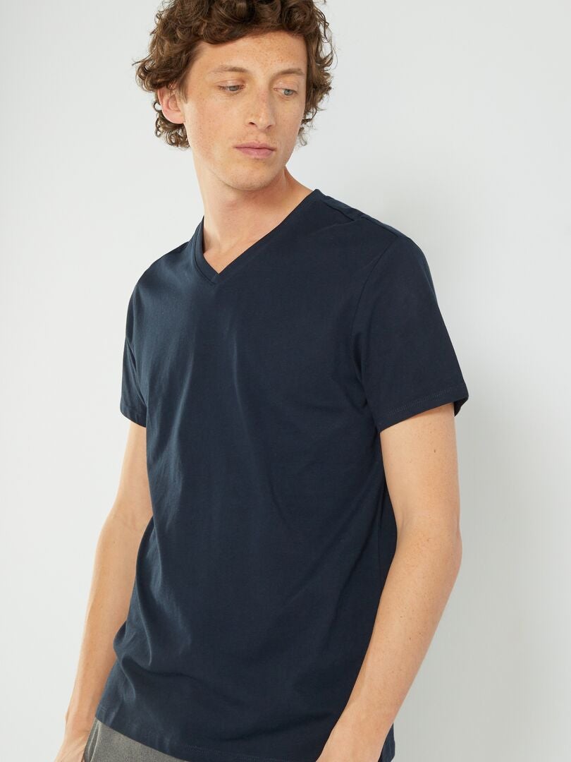 Camiseta regular de algodón con cuello de pico AZUL - Kiabi