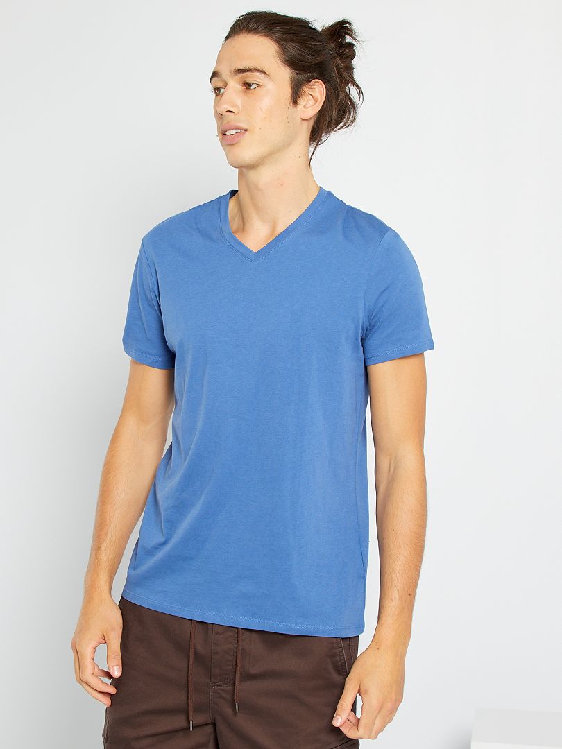 Camiseta regular de algodón con cuello de pico AZUL - Kiabi