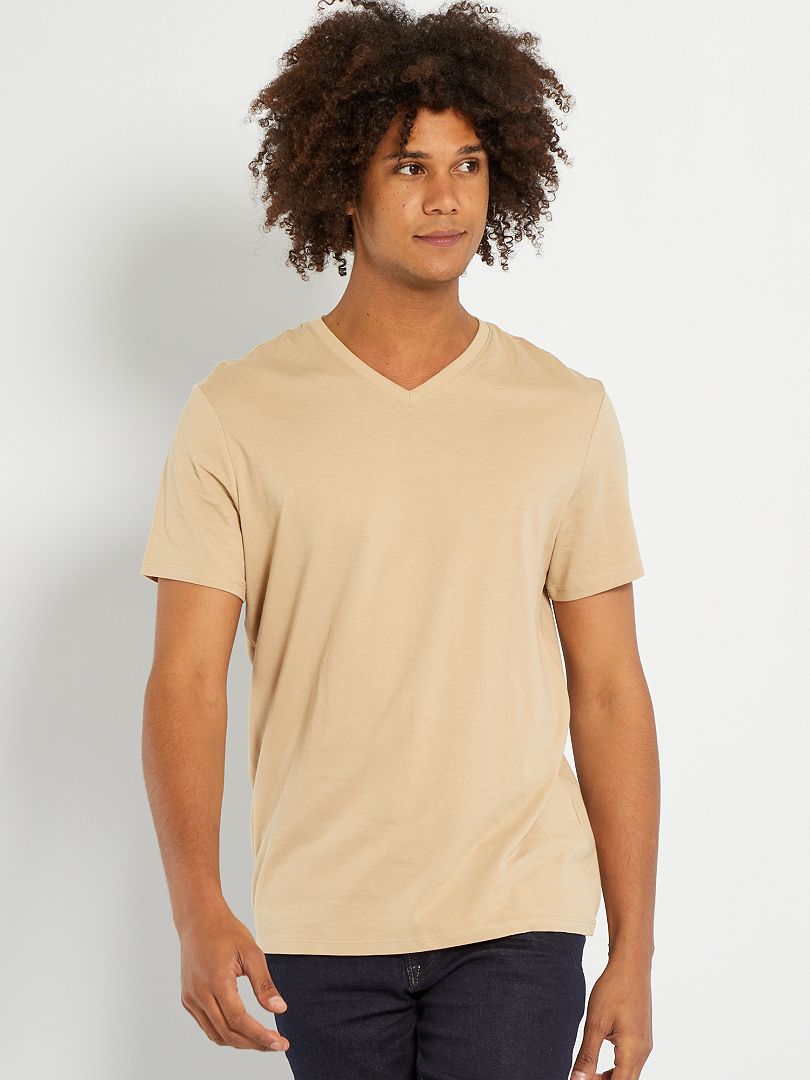 Camiseta regular de algodón con cuello de pico BEIGE - Kiabi