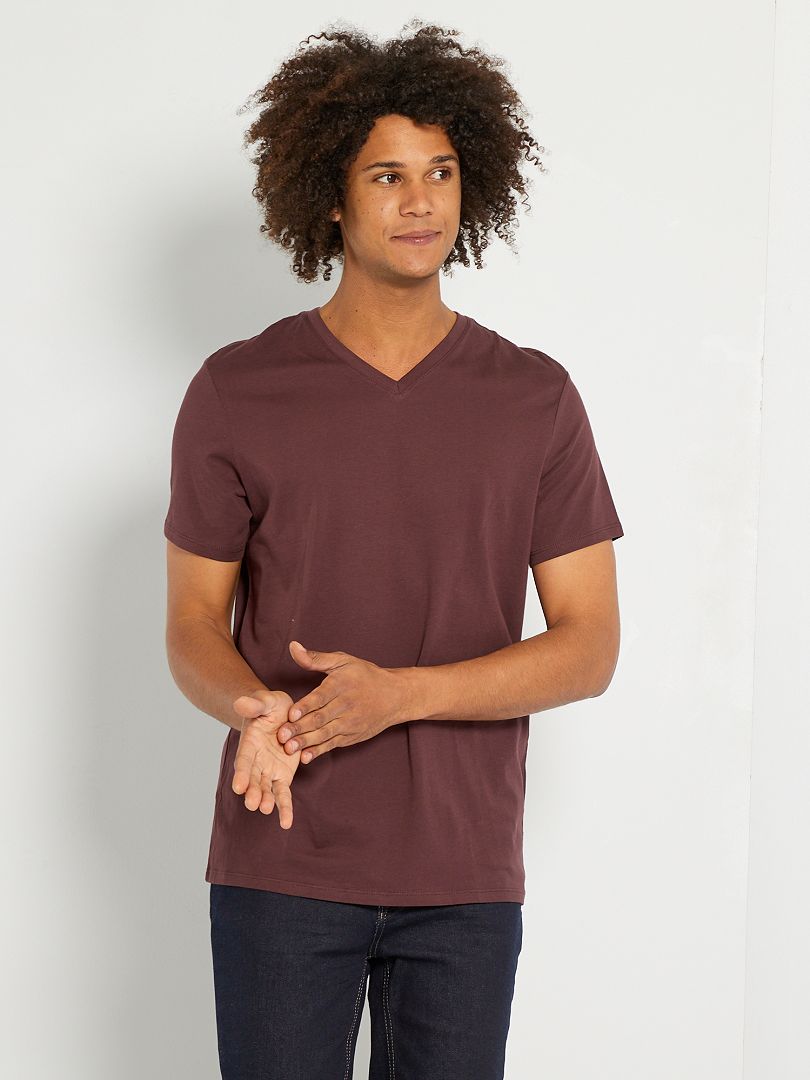 Camiseta regular de algodón con cuello de pico castaño ciruela - Kiabi