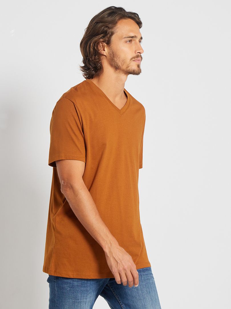 Camiseta regular de algodón con cuello de pico NARANJA - Kiabi