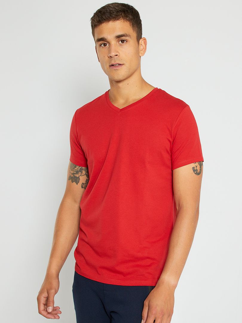 Camiseta regular de algodón con cuello de pico rojo bombero - Kiabi