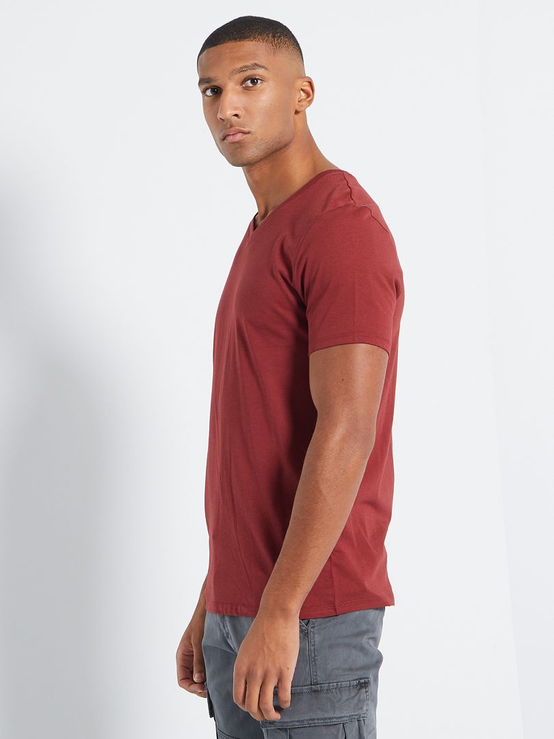 Camiseta regular de algodón con cuello de pico ROJO - Kiabi