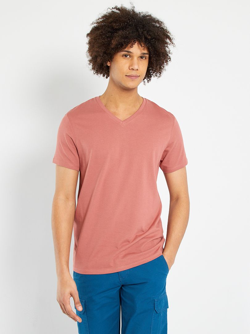 Camiseta regular de algodón con cuello de pico ROSA - Kiabi
