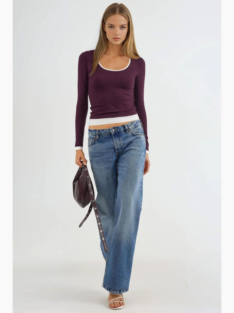Camiseta ribetes en contraste manga larga busem Malva - Kiabi