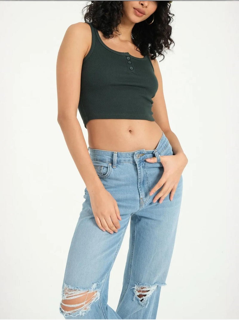 Camiseta sin mangas abotonada con cuello cuadrado y canalé hiccup Verde - Kiabi