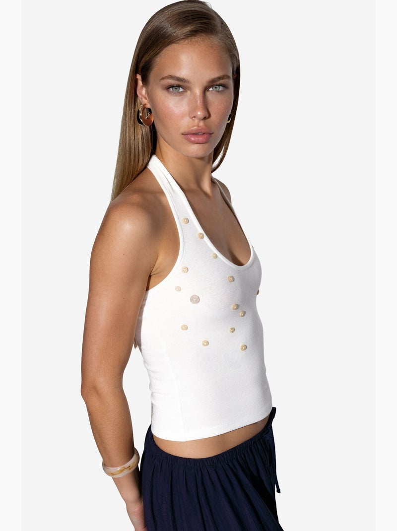 Camiseta sin mangas ajustada bordada busem Blanco - Kiabi
