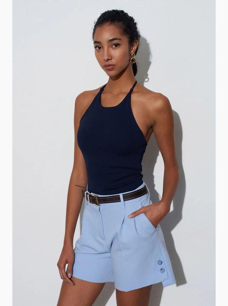 Camiseta sin mangas ajustada cuello halter de punto dilvin Azul marino - Kiabi