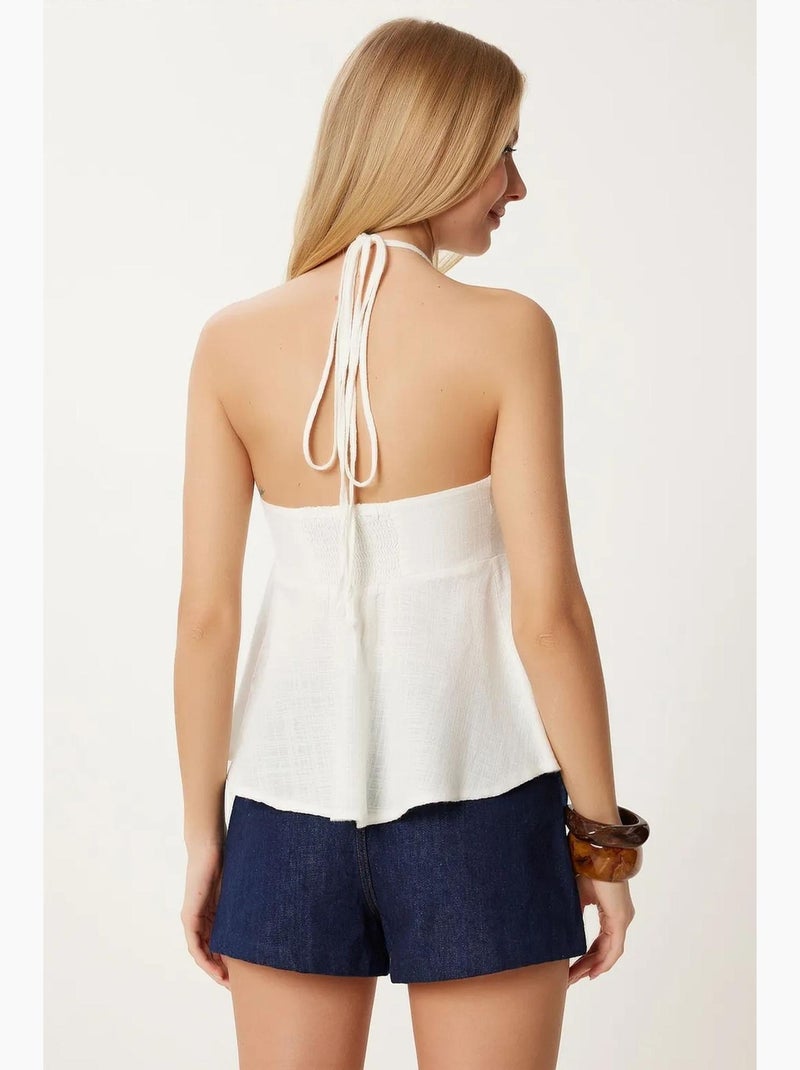 Camiseta sin mangas algodón hombros descubiertos cuello halter istanbul Marfil - Kiabi
