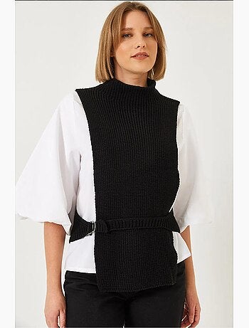 Camiseta sin mangas canalé texturizado cuello alto con lazo lucci
