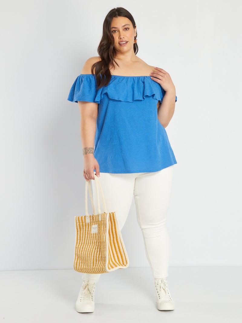 Camiseta sin mangas con cuello bardot con volante azul zafiro - Kiabi