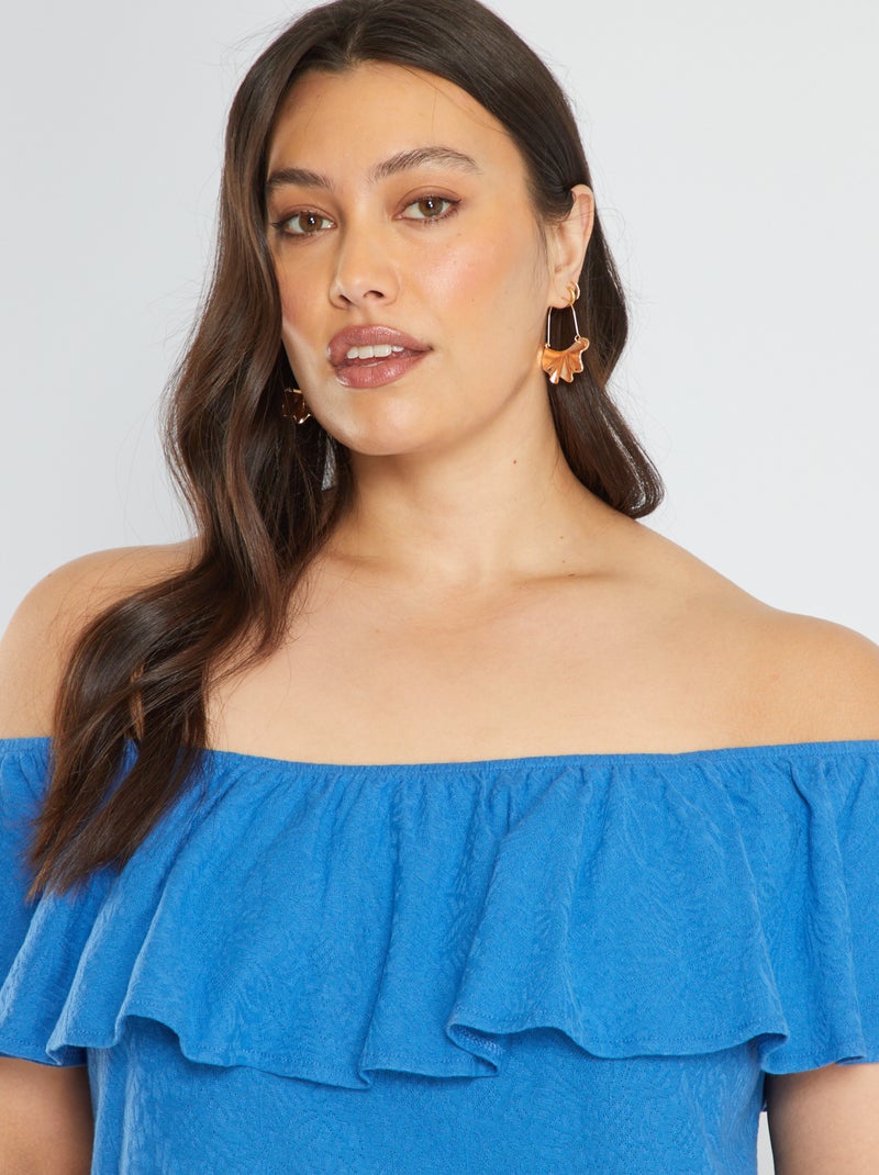 Camiseta sin mangas con cuello bardot con volante azul zafiro - Kiabi