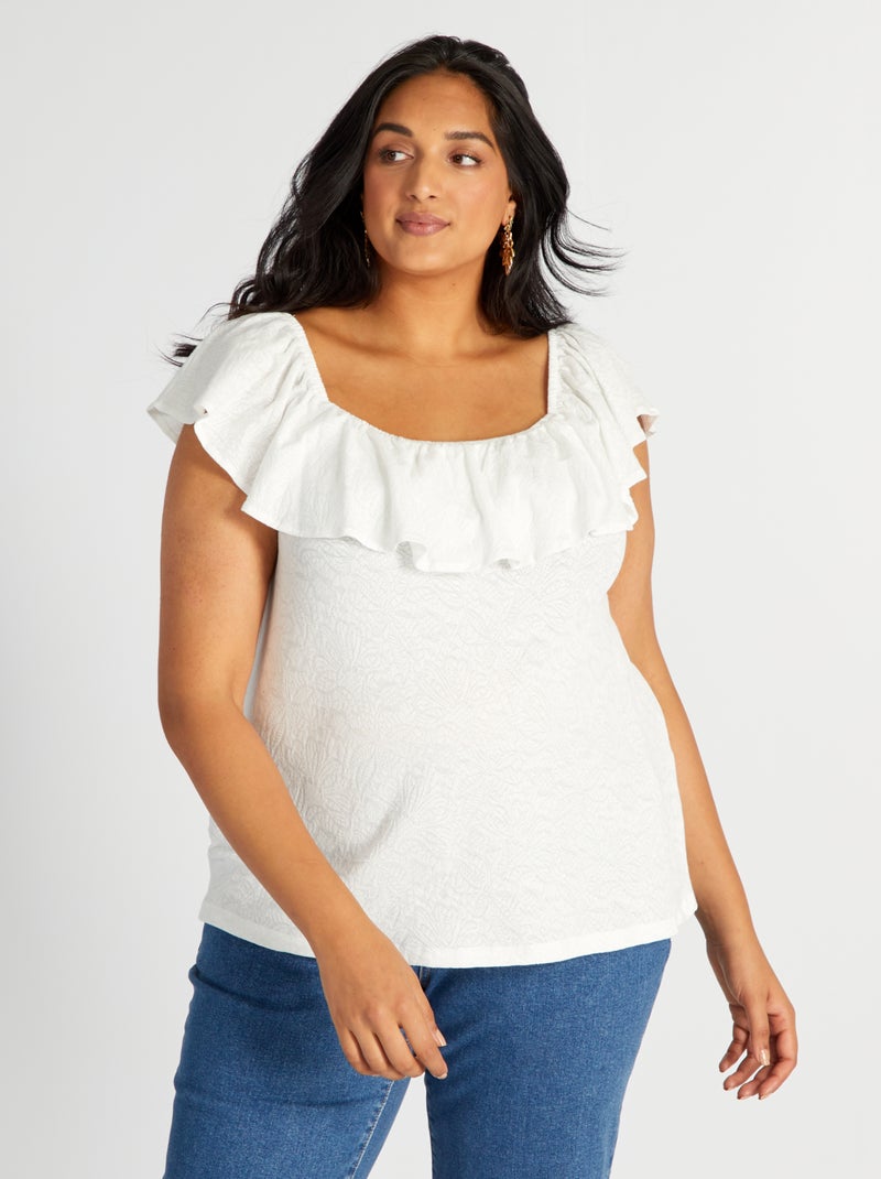 Camiseta sin mangas con cuello bardot con volante Blanco - Kiabi
