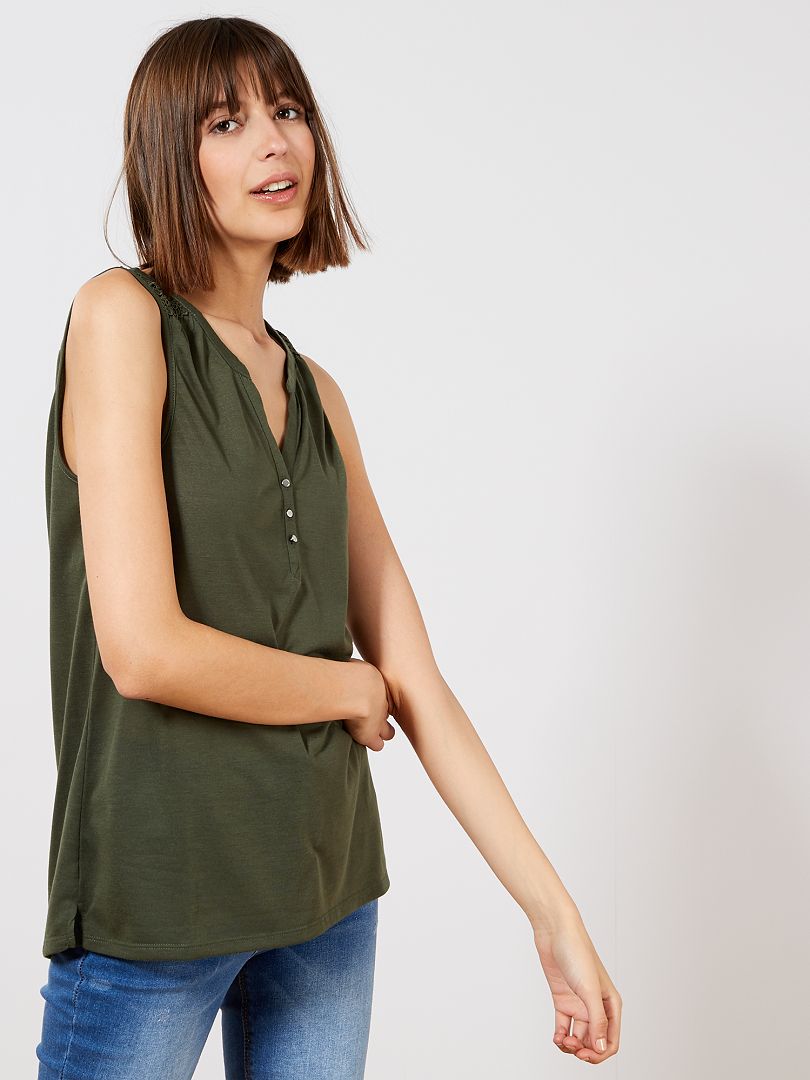 Camiseta sin mangas con cuello panadero verde selva - Kiabi