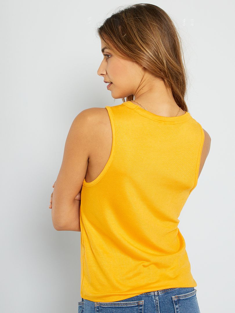 Camiseta sin mangas de espalda cruzada amarilla sin mangas sin costuras  básicas Cami para mujer, Amarillo