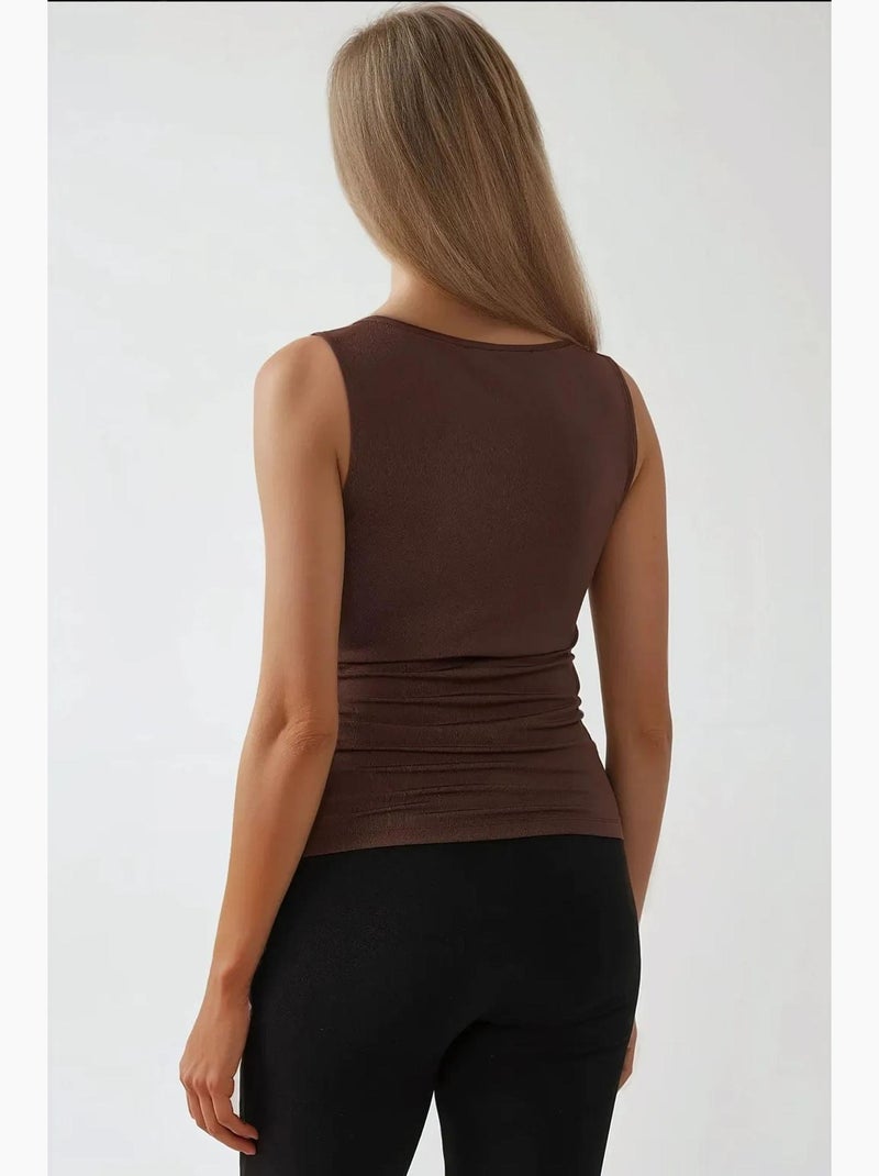 Camiseta sin mangas cuello barco ajustada punto hiccup Marrón - Kiabi