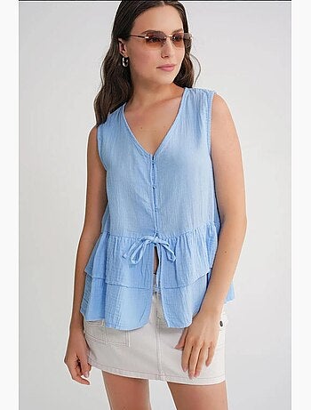 Blusa de algodón con botones y cuello en v mixray