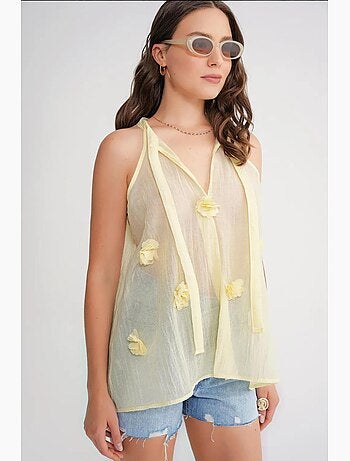 Camiseta sin mangas cuello v con lazada y volantes mixray