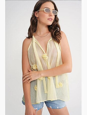 Camiseta sin mangas cuello v con lazada y volantes mixray