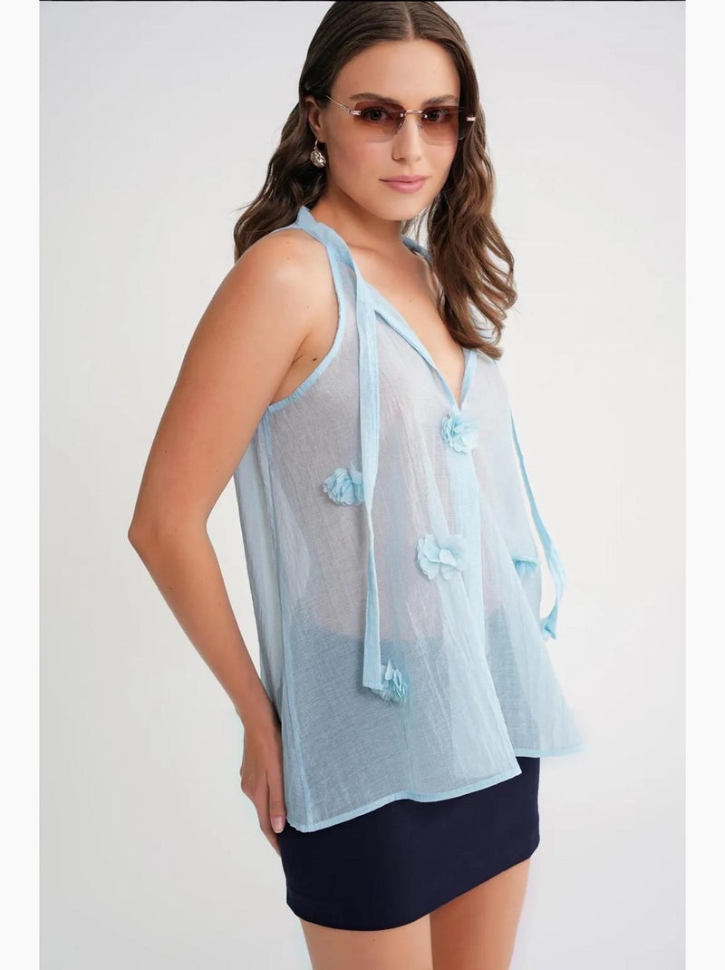 Camiseta sin mangas cuello v con lazada y volantes mixray Azul cielo - Kiabi