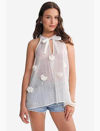 Camiseta sin mangas cuello v con lazada y volantes mixray